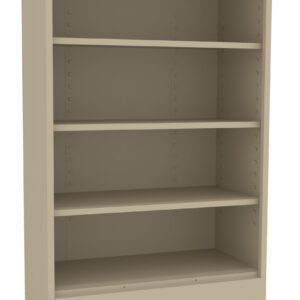 A tall, beige metal storage cabinet on wheels with four shelves, positioned against a white background. The shelves are evenly spaced and the cabinet has a minimalistic design.