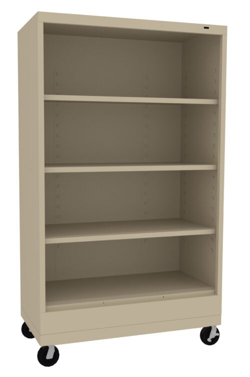 xv43x5usmbqpwiutgwzt.jpg A tall, beige metal storage cabinet on wheels with four shelves, positioned against a white background. The shelves are evenly spaced and the cabinet has a minimalistic design.