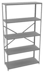 A tall, gray, metal shelving unit with six empty shelves. The frame is constructed with vertical posts and horizontal beams, featuring small holes for adjustable shelving. The back has crossed metal supports for stability.