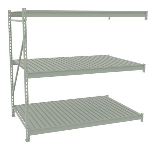 A gray metal storage rack with three shelves. The structure is sturdy with vertical supports and horizontal brackets. The shelves are evenly spaced and ribbed for added strength, suitable for holding various items in a warehouse or garage.
