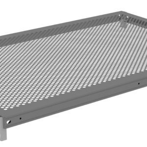 A rectangular, gray metal shelf with a perforated surface. The frame is solid with small round holes covering the flat surface. The shelf has angled corners, designed for mounting.