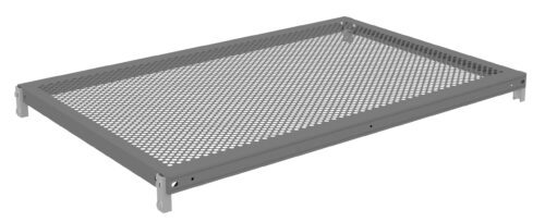 A rectangular, gray metal shelf with a perforated surface. The frame is solid with small round holes covering the flat surface. The shelf has angled corners, designed for mounting.