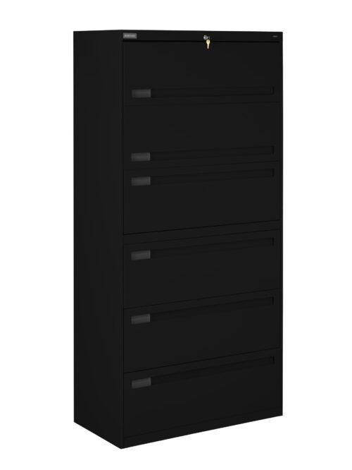A tall black filing cabinet with five drawers and a lock on the top drawer. The cabinet has a sleek, modern design with horizontal handles on each drawer.