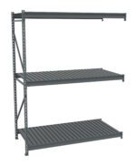A gray, three-tier metal storage rack with slatted shelves is shown against a plain white background. The rack is assembled with vertical supports and two horizontal shelves, suitable for organizing or storing items.