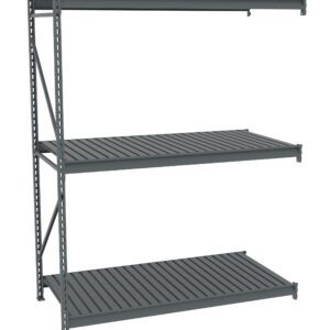 A gray, three-tier metal storage rack with slatted shelves is shown against a plain white background. The rack is assembled with vertical supports and two horizontal shelves, suitable for organizing or storing items.