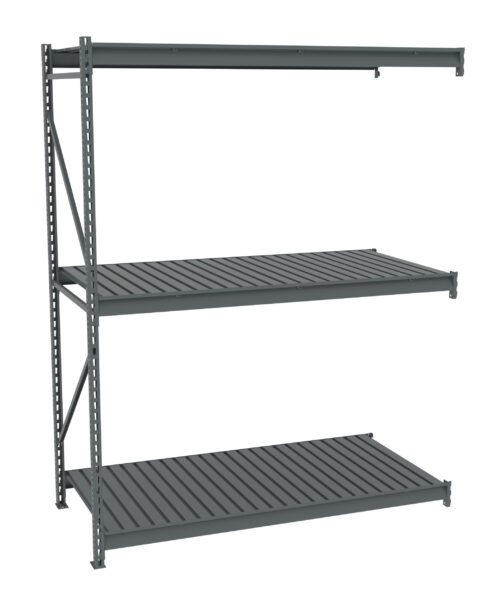 A gray, three-tier metal storage rack with slatted shelves is shown against a plain white background. The rack is assembled with vertical supports and two horizontal shelves, suitable for organizing or storing items.