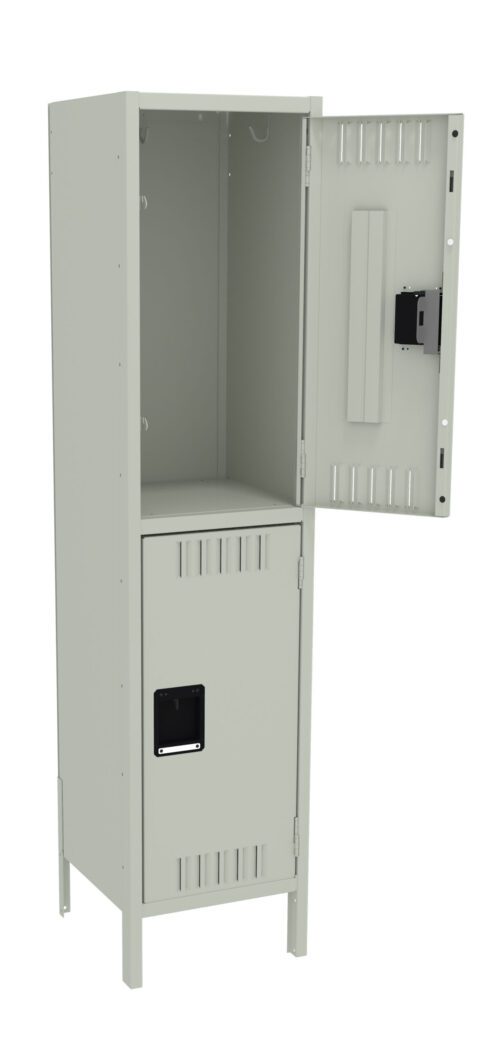 A gray metal locker with two compartments. The top compartment is open, displaying its empty interior. The lower compartment is closed, featuring a black handle. The locker stands on four small legs.