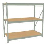 A gray metal shelving unit with three wooden shelves, shown against a plain white background. The shelves are evenly spaced and supported by metal frames with diagonal braces for stability.
