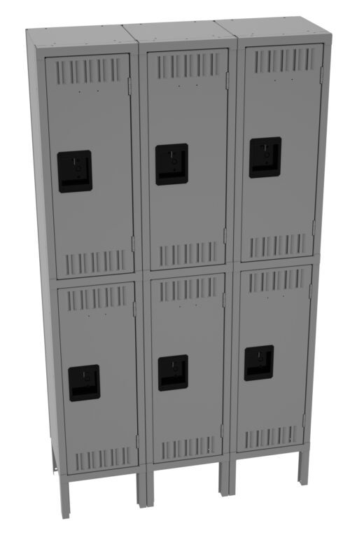 A set of six gray metal lockers arranged in two rows of three. Each locker has a ventilation design with horizontal slats and a black handle. The lockers are set on short legs, elevating them slightly off the ground.