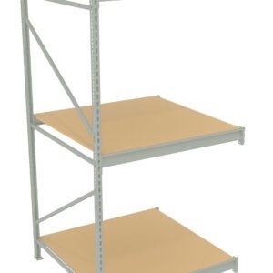A metal shelving unit with three wooden shelves, each evenly spaced. The structure is supported by metal beams on the sides and back, providing stability. The shelves are empty, showing a simple and clean design.