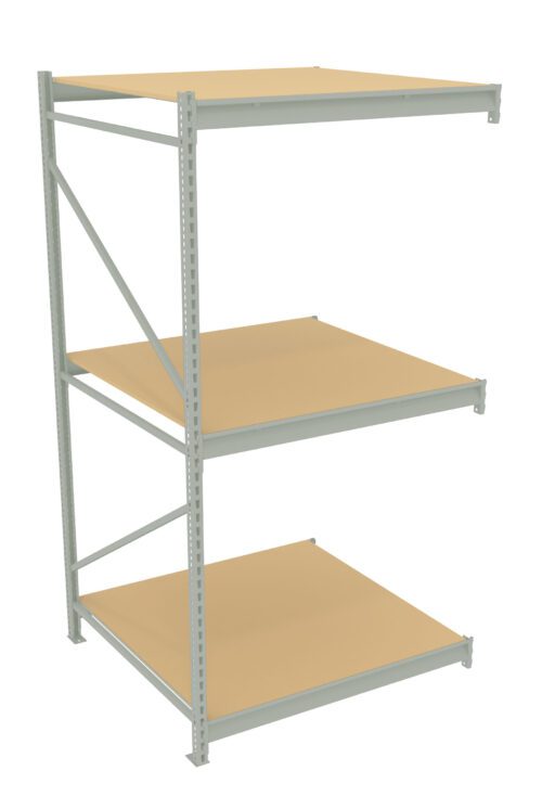 A metal shelving unit with three wooden shelves, each evenly spaced. The structure is supported by metal beams on the sides and back, providing stability. The shelves are empty, showing a simple and clean design.