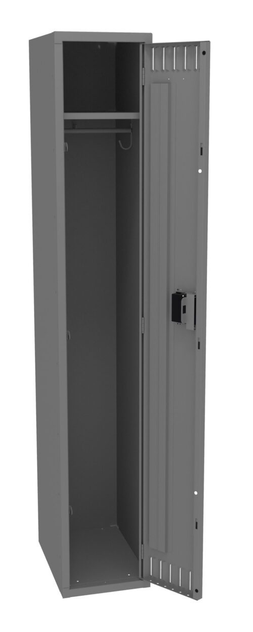 A tall, open, gray metal locker showing its interior, with a hanging rod inside. The locker door is slightly ajar, revealing a combination lock on the outside. The locker has ventilation slots near the top and bottom.