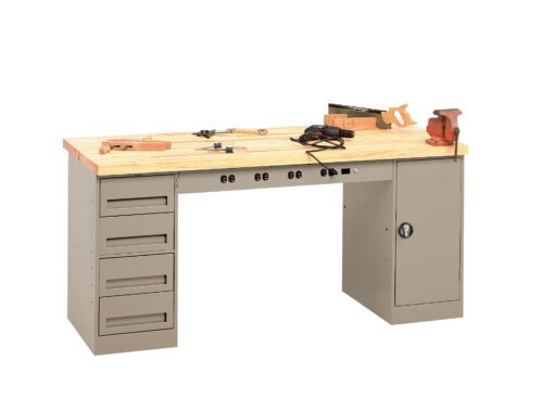 A workbench with a wooden top, featuring attached drawers and a cabinet. Various tools, including a saw, hammer, and clamps, are placed on the surface. The structure is grey metal with a light wood top.