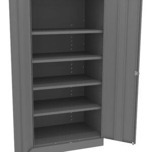 A gray metal storage cabinet with double doors is open, revealing five empty shelves inside. The cabinet features a lock mechanism on the right door.