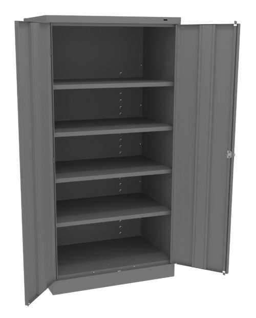 xygmec0rg77yx0ucptin.jpg A gray metal storage cabinet with double doors is open, revealing five empty shelves inside. The cabinet features a lock mechanism on the right door.