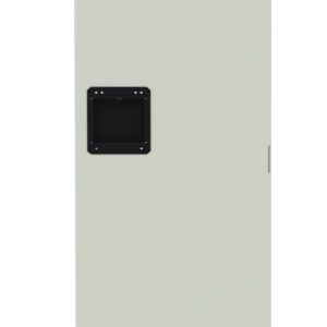 A tall, narrow light gray locker door with a black rectangular handle in the center and small ventilation slots at the top and bottom.