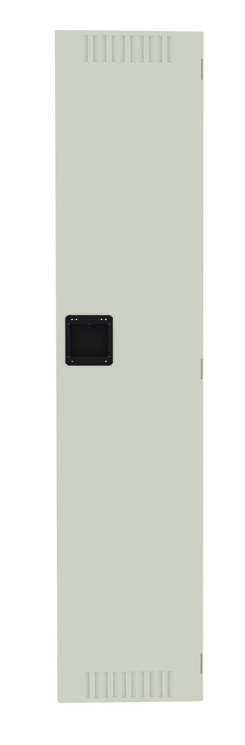A tall, narrow light gray locker door with a black rectangular handle in the center and small ventilation slots at the top and bottom.
