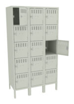 A beige metal locker unit with three columns, each containing five lockable compartments. Two doors are open, revealing empty compartments. The locker has ventilation slots on each door.