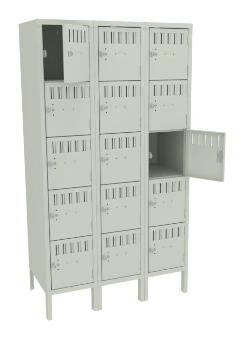 A beige metal locker unit with three columns, each containing five lockable compartments. Two doors are open, revealing empty compartments. The locker has ventilation slots on each door.