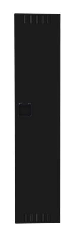 A tall, black, rectangular server cabinet door with a handle on the left side. The door has vent slots at the top and bottom, indicating its designed for ventilation.