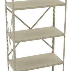 A metal shelving unit with five empty beige shelves, supported by a frame with perforated edges for adjustable shelving. The back has cross-bracing for stability. The shelves are evenly spaced and the unit is freestanding.