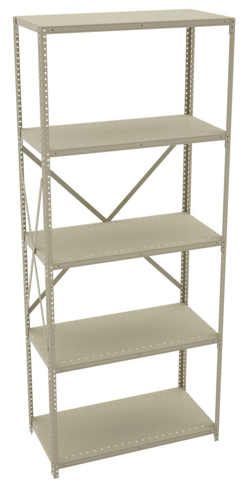 A metal shelving unit with five empty beige shelves, supported by a frame with perforated edges for adjustable shelving. The back has cross-bracing for stability. The shelves are evenly spaced and the unit is freestanding.