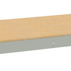 A rectangular wooden shelf with metal edges and a light brown finish. The shelf is viewed from an angle, showing its flat surface and thickness, with brackets on the underside for mounting or support.