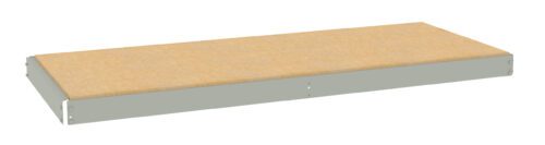 A rectangular wooden shelf with metal edges and a light brown finish. The shelf is viewed from an angle, showing its flat surface and thickness, with brackets on the underside for mounting or support.