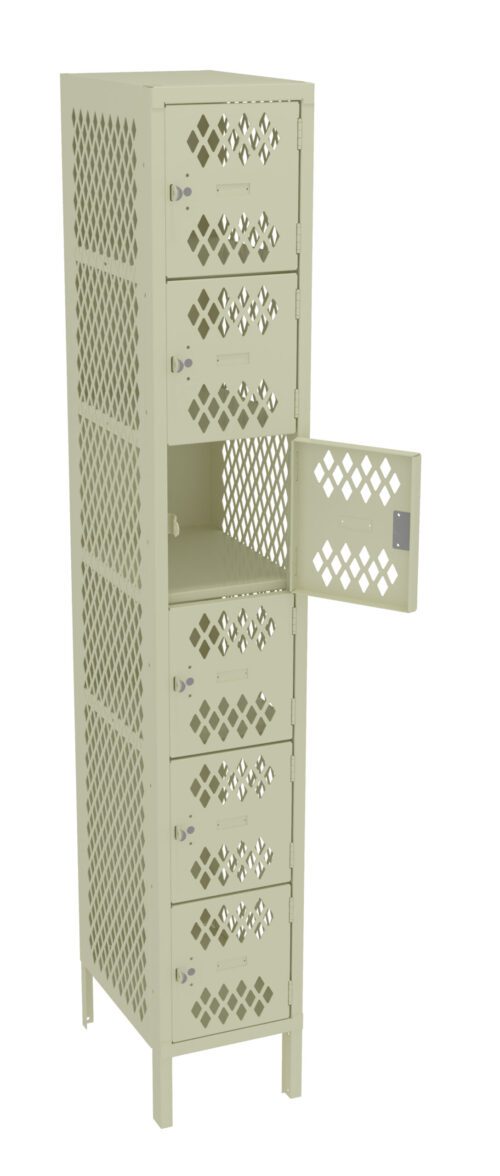 xzlpj46qf9r6btnskomh.jpg A beige metal locker with a column of nine compartments. Each compartment has a perforated diamond pattern on the door. The fifth door from the top is open, showing an empty space inside.