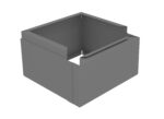 A 3D-rendered image of a gray, open-topped, square box with thick walls. Each wall has a small, rectangular protrusion at the top edge, creating an interlocking design.