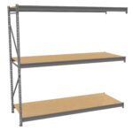 Metal shelving unit with three wooden shelves. The structure is steel gray, with adjustable shelf heights. Shelves are empty and designed for storage in a garage or warehouse setting. Background is plain white.