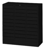 Black storage cabinet with 27 small drawers arranged in rows of three. Each drawer has a handle for easy access and is designed for organizing small items. The cabinet has a sleek, modern look.