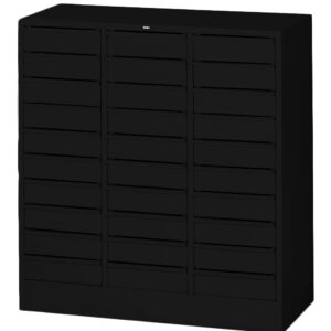 Black storage cabinet with 27 small drawers arranged in rows of three. Each drawer has a handle for easy access and is designed for organizing small items. The cabinet has a sleek, modern look.