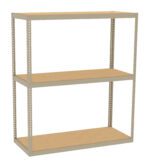 A metal shelving unit with three wooden shelves, supported by vertical metal frames with perforations for adjustable shelf placement. The design is simple and utilitarian. The background is plain white.