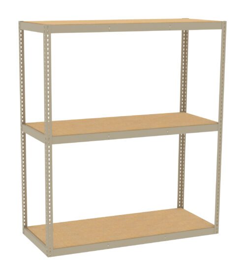 A metal shelving unit with three wooden shelves, supported by vertical metal frames with perforations for adjustable shelf placement. The design is simple and utilitarian. The background is plain white.