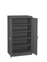 A tall, gray metal storage cabinet with open double doors. It has five evenly spaced shelves inside and two silver handles on the doors.