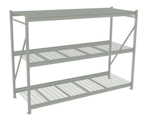 y0zudsjttioa0c4y1lgj.jpg A gray, three-tiered metal shelving unit with mesh shelves and diagonal support bars. The unit is empty and stands against a plain white background.
