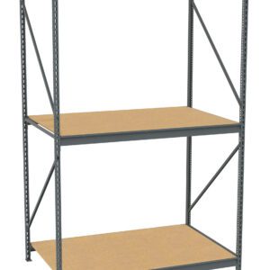 A metal shelving unit with three wooden shelves. The frame is painted dark gray, and the shelves are evenly spaced, providing ample storage space. The design is simple and industrial, suitable for warehouses or garages.