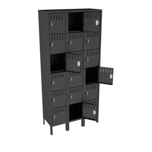 A tall, black metal storage locker unit with a total of twelve compartments arranged in four rows of three. Three locker doors are open, showing the empty inside. The unit has ventilation slits on each door and stands on four legs.