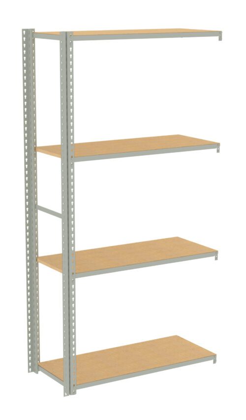 y2sbey8eihdrn17hcwrc.jpg A metal shelving unit with four wooden shelves evenly spaced. The frame is made of perforated metal, and each shelf appears sturdy, suitable for storage or organizing items in a home or office setting. The unit is isolated on a white background.