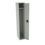 A tall, narrow metal locker is shown with its door open. It has a light gray finish and features a small upper shelf and a black lock mechanism on the door.