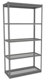 A tall, gray metal shelving unit with five adjustable shelves. The shelves have a grid pattern design, and the unit is of industrial style with vertical beams featuring holes for height adjustments. The background is plain white.