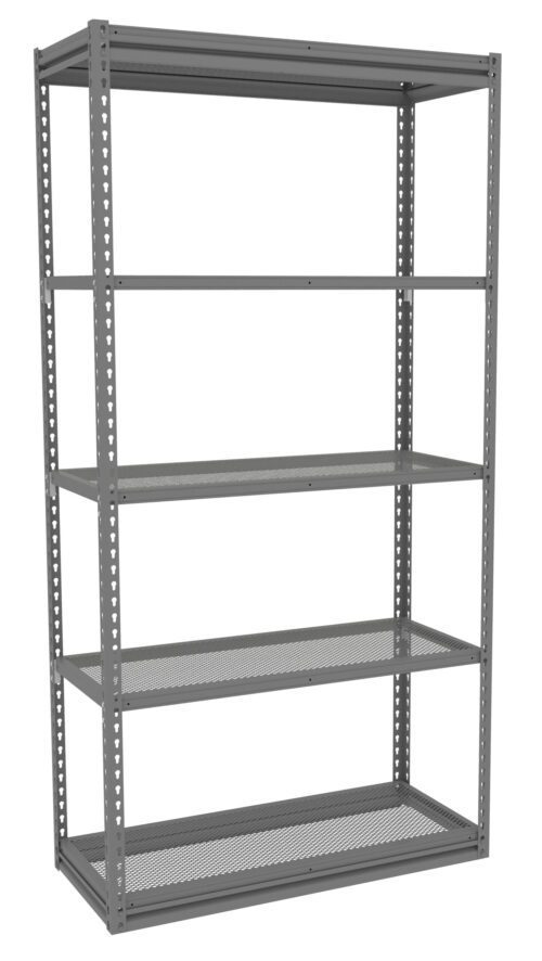 A tall, gray metal shelving unit with five adjustable shelves. The shelves have a grid pattern design, and the unit is of industrial style with vertical beams featuring holes for height adjustments. The background is plain white.