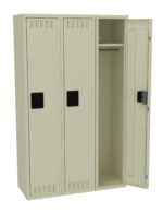 A beige, three-door locker with one door open. Inside, theres a shelf and a hanging rod. The lockers have ventilation slots and black handles. The design is industrial and functional, ideal for storage in schools or gyms.