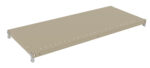 A beige, rectangular metal shelf with perforated edges and mounting brackets at the corners. The shelf is designed for use in shelving units or racks. The surface is flat and appears durable.