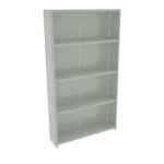 Gray metal shelving unit with five shelves, standing upright. The design is simple and utilitarian, with visible perforations on the sides for adjustable shelving. The shelves are evenly spaced and empty.