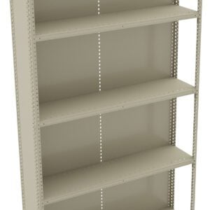 A beige metal shelving unit with five evenly spaced shelves. The unit has perforated edges for adjustable shelving heights. It is empty and stands against a plain white background.