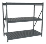 A large, industrial-grade metal shelving unit with three slatted shelves. The sturdy steel construction features a gray finish and adjustable shelves, ideal for heavy-duty storage in garages or warehouses.