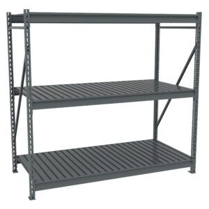 A large, industrial-grade metal shelving unit with three slatted shelves. The sturdy steel construction features a gray finish and adjustable shelves, ideal for heavy-duty storage in garages or warehouses.