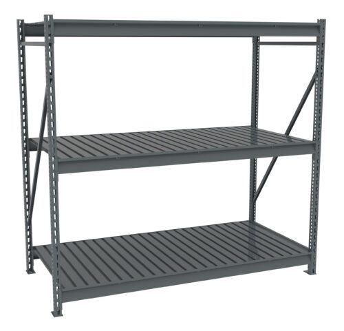 A large, industrial-grade metal shelving unit with three slatted shelves. The sturdy steel construction features a gray finish and adjustable shelves, ideal for heavy-duty storage in garages or warehouses.